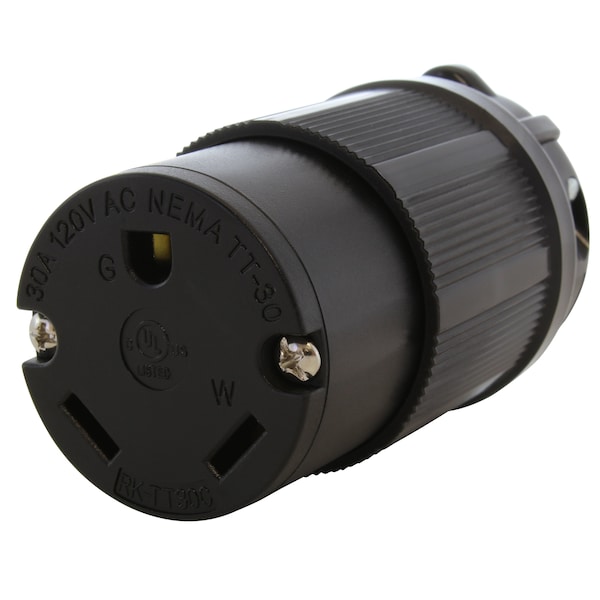 Straight Blade Connector, TT-30R, 30 A, 125V AC, 2 Pole, 3 Wire, Screw Terminals, Black